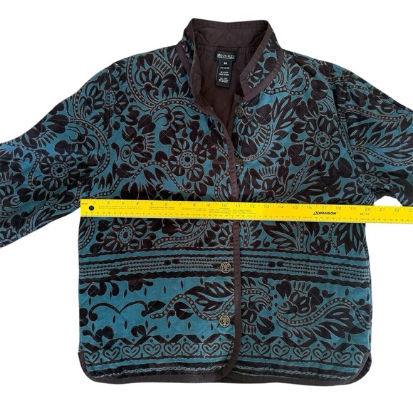 Multiples Quilted Jacket Women's Medium  Teal Brown 100% Cotton Buttons Career - Picture 7 of 8